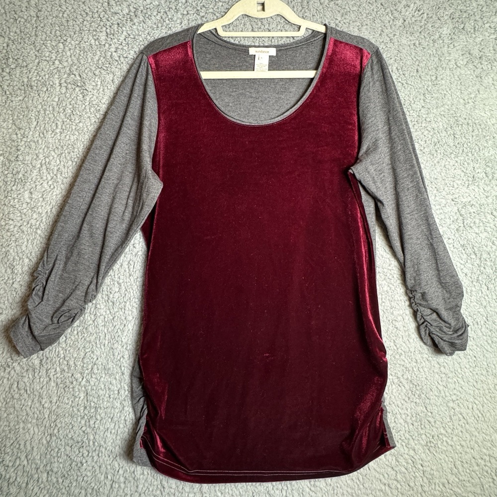 Sundance Velour Top Burgundy Gray Colorblock Ruched Sleeves‎ And Sides Sz Large